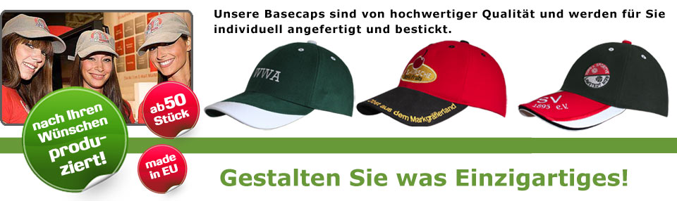Unsere Basecaps sind von hochwertiger Qualität und werden für Sie individuell angefertigt und bestickt. Schon ab 30 Stück. Über 400 Modelle.