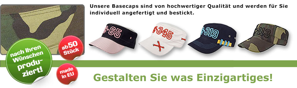 Unsere Armycaps sind von hochwertiger Qualität und werden für Sie individuell angefertigt und bestickt. Schon ab 30 Stück. Über 400 Basecap-Modelle.