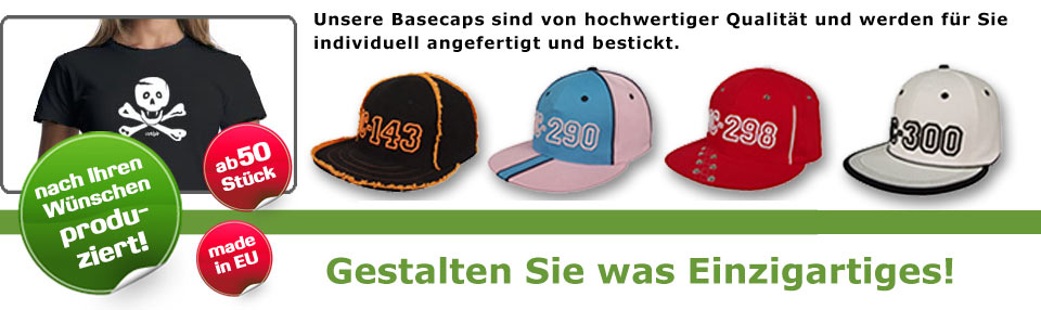 Unsere Skatercaps und Hiphopcaps sind von hochwertiger Qualität und werden für Sie individuell angefertigt und bestickt. Schon ab 50 Stück. Über 400 Basecap-Modelle.