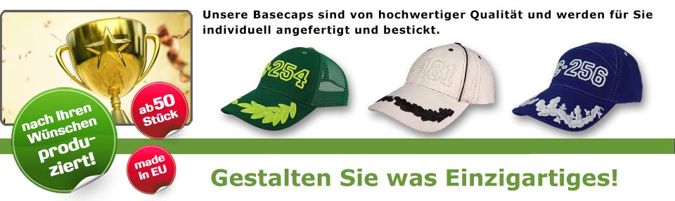 Unsere Winnercaps und Racingcaps sind von hochwertiger Qualität und werden für Sie individuell angefertigt und bestickt. Schon ab 30 Stück. Über 400 Basecap-Modelle.