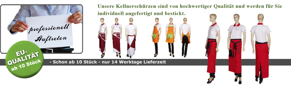 Unsere Latzschürzen und Kellnerschürzen sind von hochwertiger Qualität und werden für Sie individuell angefertigt und bestickt. Schon ab 10 Stück.