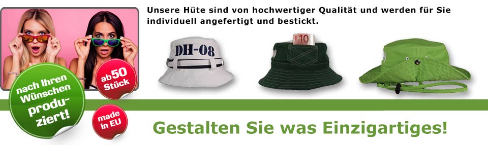 Unsere Hüte sind von hochwertiger Qualität und werden für Sie individuell angefertigt und bestickt. Schon ab 30 Stück.